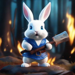 A dwarf white rabbit with bright blue eyes, holding an axe in its hands, looking angry