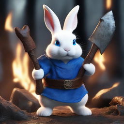 A dwarf white rabbit with bright blue eyes, holding an axe in its hands, looking angry