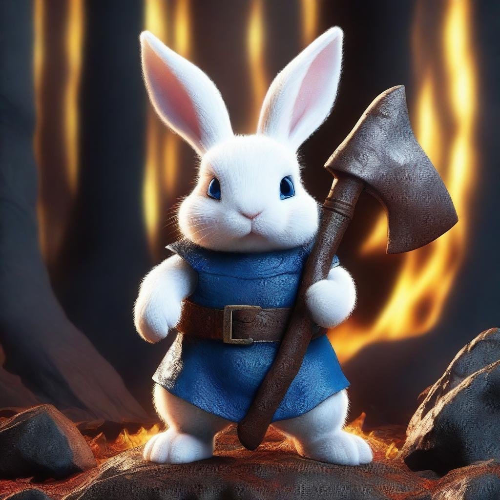 A dwarf white rabbit with bright blue eyes, holding an axe in its hands, looking angry