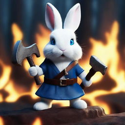 A dwarf white rabbit with bright blue eyes, holding an axe in its hands, looking angry