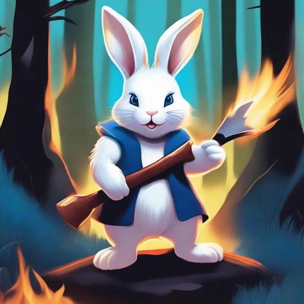 A dwarf white rabbit with bright blue eyes, holding an axe in its hands, looking angry