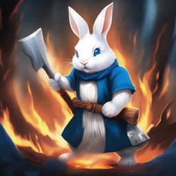 A dwarf white rabbit with bright blue eyes, holding an axe in its hands, looking angry