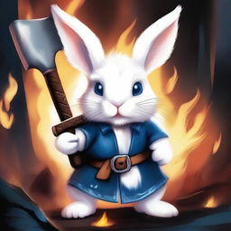 A dwarf white rabbit with bright blue eyes, holding an axe in its hands, looking angry