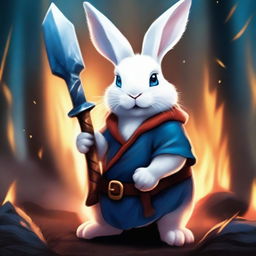 A dwarf white rabbit with bright blue eyes, holding an axe in its hands, looking angry