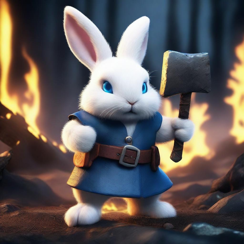 A dwarf white rabbit with bright blue eyes, holding an axe in its hands, looking angry