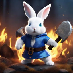 A dwarf white rabbit with bright blue eyes, holding an axe in its hands, looking angry