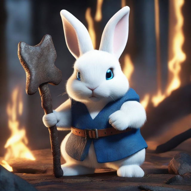 A dwarf white rabbit with bright blue eyes, holding an axe in its hands, looking angry