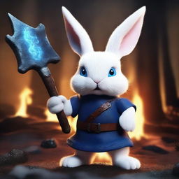 A dwarf white rabbit with bright blue eyes, holding an axe in its hands, looking angry