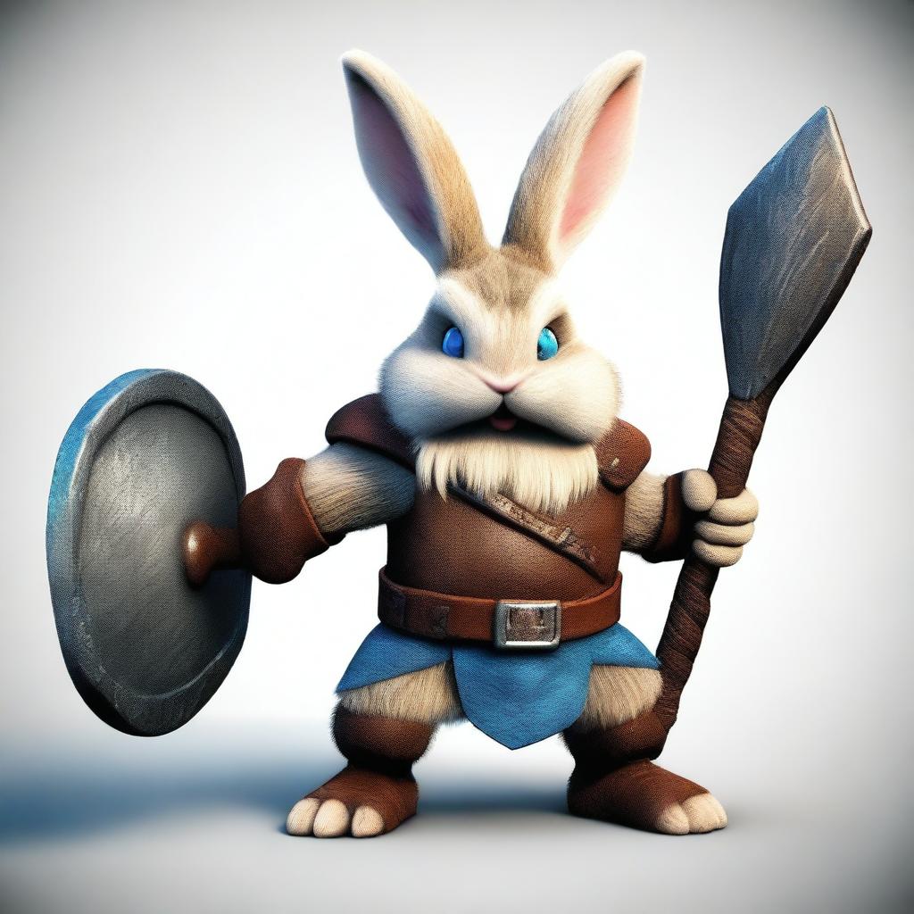 A dwarf rabbit with blue eyes and small ears, depicted as a berserker warrior without armor