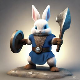 A dwarf rabbit with blue eyes and small ears, depicted as a berserker warrior without armor