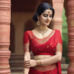 A woman wearing a red saree, with visible cleavage and navel