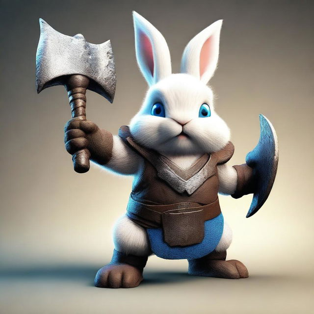 A dwarf rabbit with blue eyes and small ears, depicted as a berserker warrior without armor