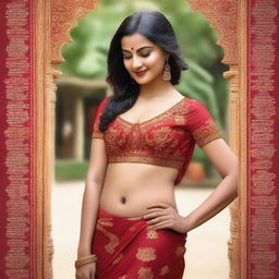 A woman wearing a red saree, with visible cleavage and navel