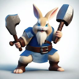 A dwarf rabbit with blue eyes and small ears, depicted as a berserker warrior without armor