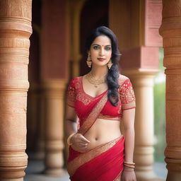 A woman wearing a red saree, with visible cleavage and navel