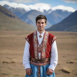 A 29-year-old Argentinian man from the Northern region, dressed in traditional attire and with a backdrop featuring characteristic landscapes.