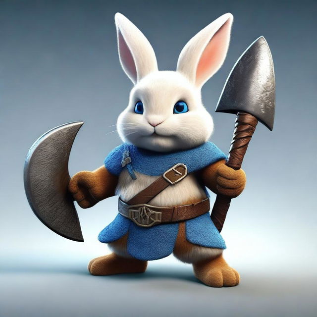 A dwarf rabbit with blue eyes and small ears, depicted as a berserker warrior without armor