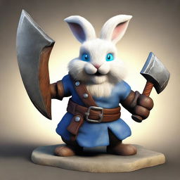 A dwarf rabbit with blue eyes and small ears, depicted as a berserker warrior without armor