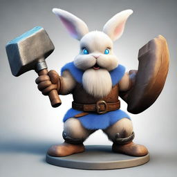 A dwarf rabbit with blue eyes and small ears, depicted as a berserker warrior without armor