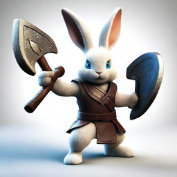 A small rabbit with blue eyes and very small ears, depicted as a berserker warrior without armor