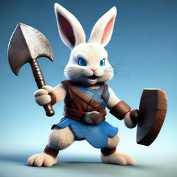 A small rabbit with blue eyes and very small ears, depicted as a berserker warrior without armor