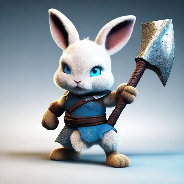 A small rabbit with bright blue eyes and very tiny ears, depicted as a berserker warrior without armor