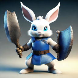 A small rabbit with bright blue eyes and very tiny ears, depicted as a berserker warrior without armor