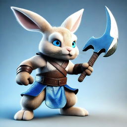 A small rabbit with bright blue eyes and very tiny ears, depicted as a berserker warrior without armor