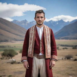 A 29-year-old Argentinian man from the Northern region, dressed in traditional attire and with a backdrop featuring characteristic landscapes.