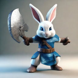 A small rabbit with bright blue eyes and very tiny ears, depicted as a berserker warrior without armor