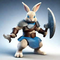 A small rabbit with bright blue eyes and very tiny ears, depicted as a berserker warrior without armor