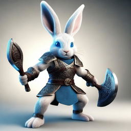 A small rabbit with bright blue eyes and very tiny ears, depicted as a berserker warrior without armor