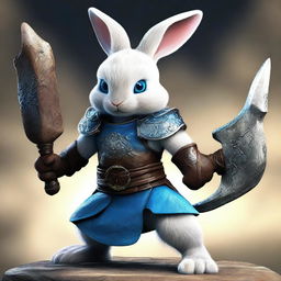 A small rabbit with bright blue eyes and very tiny ears, depicted as a berserker warrior without armor