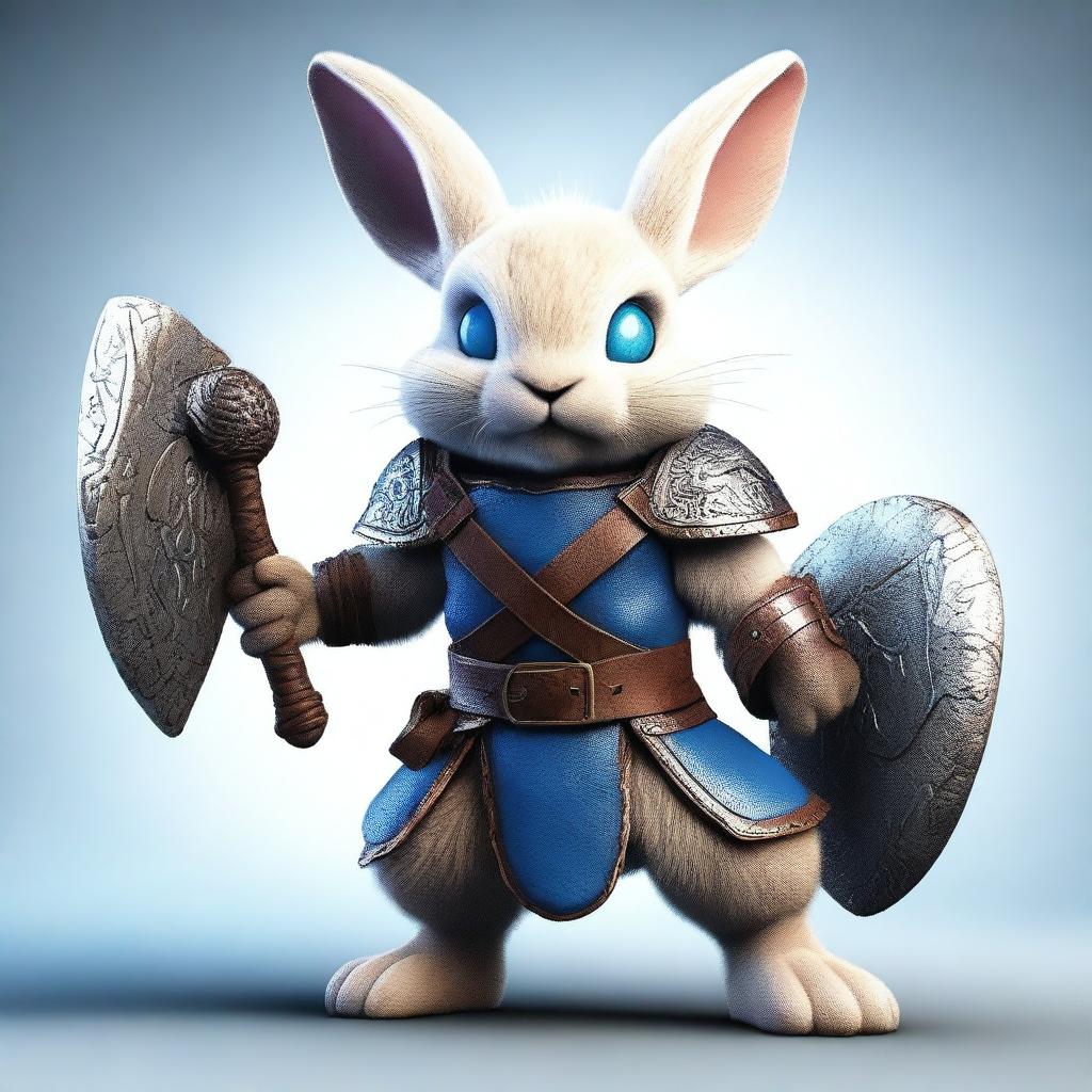 A small rabbit with bright blue eyes and very tiny ears, depicted as a berserker warrior without armor