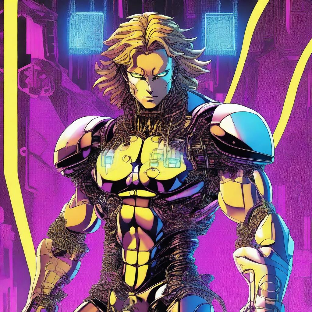 A detailed and dynamic illustration of Dio Brando as a cyborg, showcasing his mechanical enhancements and cybernetic features