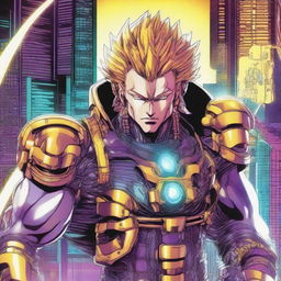 A detailed and dynamic illustration of Dio Brando as a cyborg, showcasing his mechanical enhancements and cybernetic features