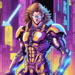 A detailed and dynamic illustration of Dio Brando as a cyborg, showcasing his mechanical enhancements and cybernetic features