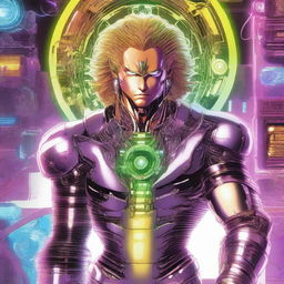 A detailed and dynamic illustration of Dio Brando as a cyborg, showcasing his mechanical enhancements and cybernetic features