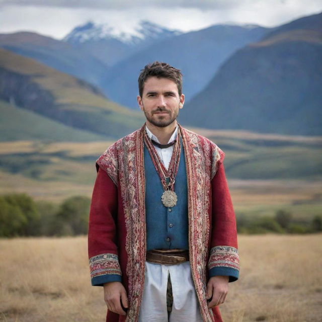 A 29-year-old Argentinian man from the Northern region, dressed in traditional attire and with a backdrop featuring characteristic landscapes.