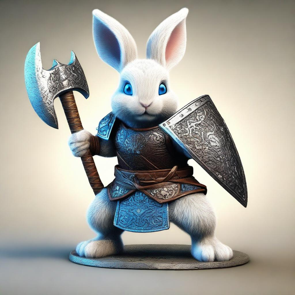 A small rabbit with bright blue eyes and very tiny ears, depicted as a berserker warrior wearing light armor