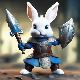 A small rabbit with bright blue eyes and very tiny ears, depicted as a berserker warrior wearing light armor