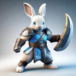 A small rabbit with bright blue eyes and very tiny ears, depicted as a berserker warrior wearing light armor