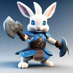 A small rabbit with bright blue eyes and very tiny ears, depicted as a berserker warrior wearing light armor