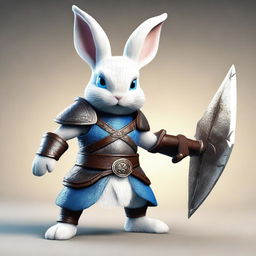 A small rabbit with bright blue eyes and very tiny ears, depicted as a warrior wearing light armor