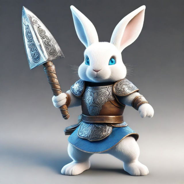 A small rabbit with bright blue eyes and very tiny ears, depicted as a warrior wearing light armor