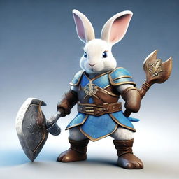 A small rabbit with bright blue eyes and very tiny ears, depicted as a warrior wearing light armor