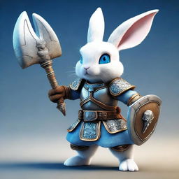 A small rabbit with bright blue eyes and very tiny ears, depicted as a warrior wearing light armor