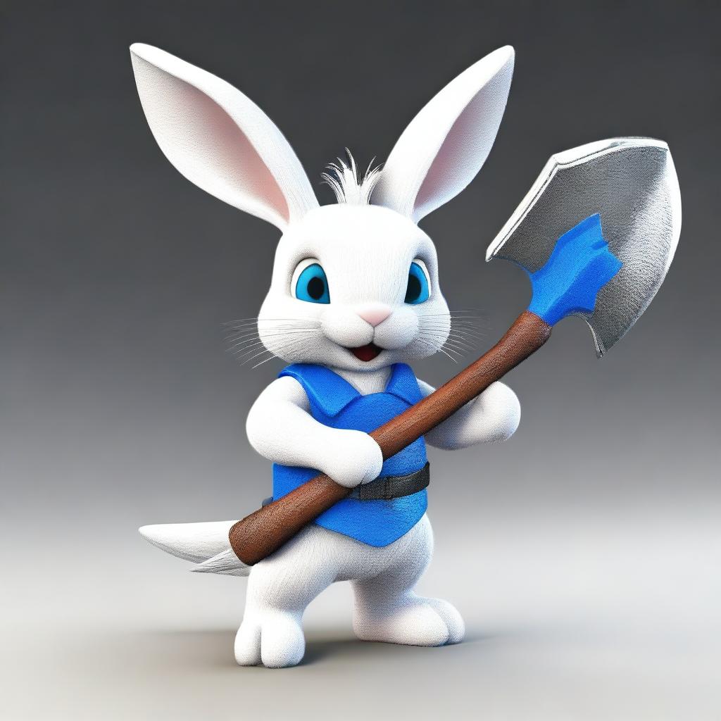 A small white rabbit with bright blue eyes and small ears, brandishing a large, very sharp axe