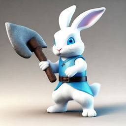 A small white rabbit with bright blue eyes and small ears, brandishing a large, very sharp axe