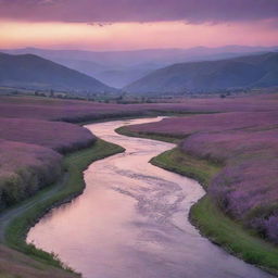 A serene landscape at dusk, a scenic river flowing gently through a valley nestled among rolling hills bathed in the orange glow of the setting sun, with a background of silhouetted mountains and a sky streaked with pink and purple clouds.